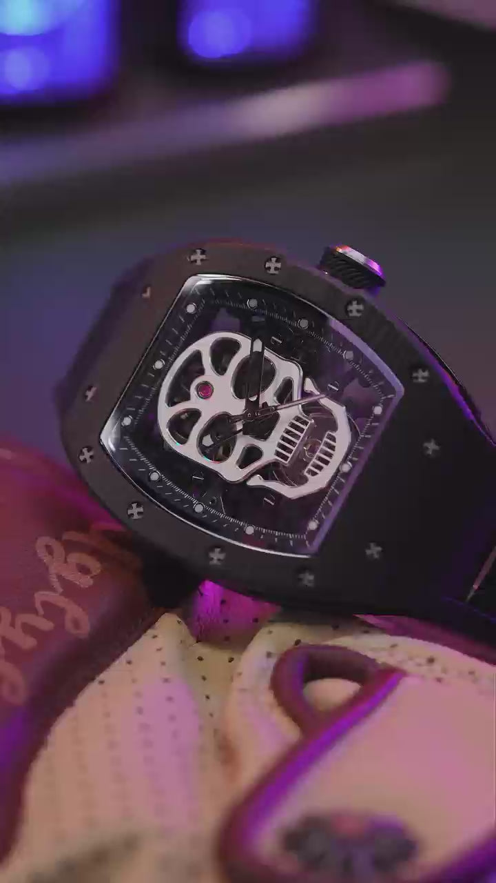 Black Carbon Fiber Automatic Skeleton Watch for Men | Transparent Back Mechanical Wristwatch with Silicone Strap
