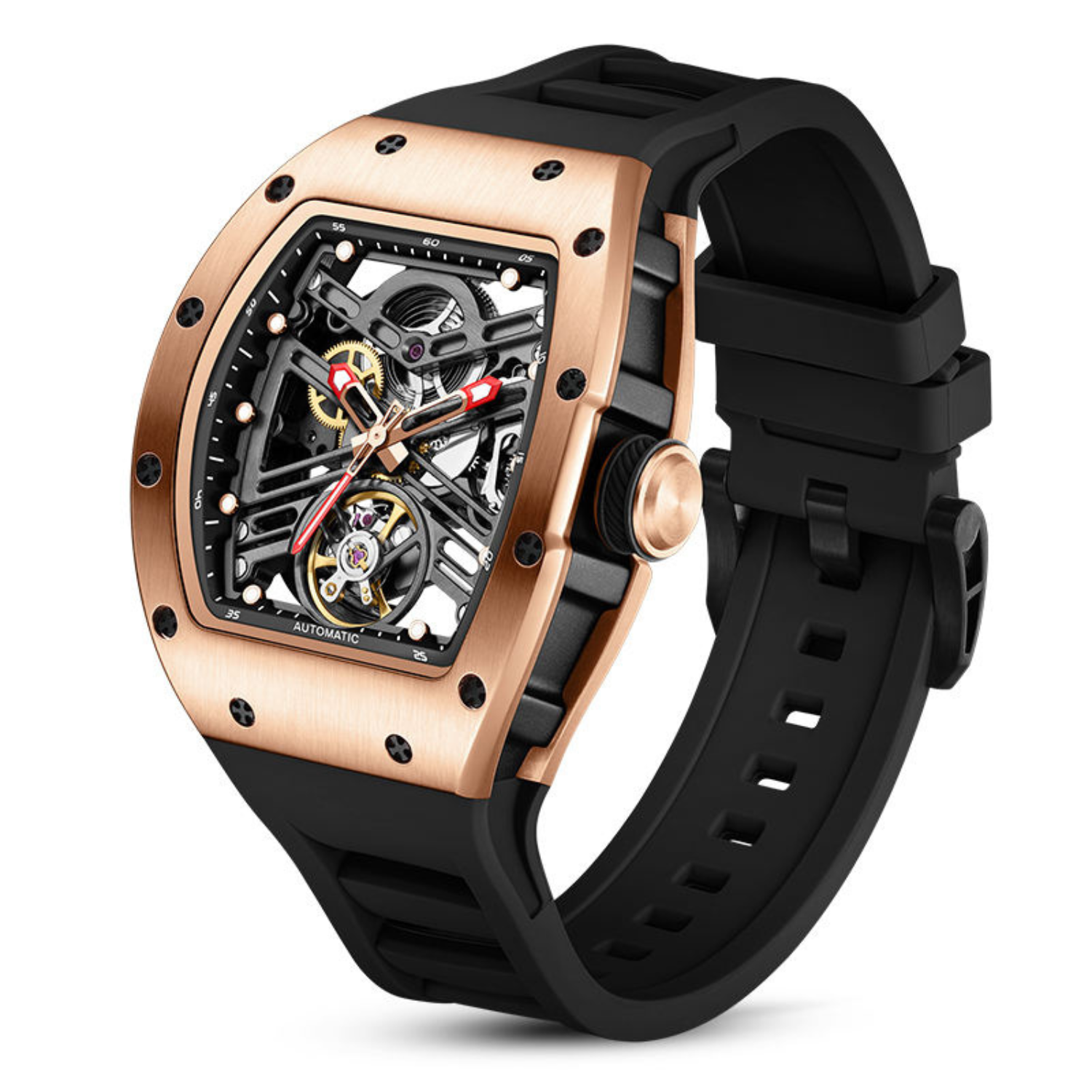 Tonneau Automatic Skeleton Watch for Men | Transparent Back Mechanical Wristwatch with Silicone Strap