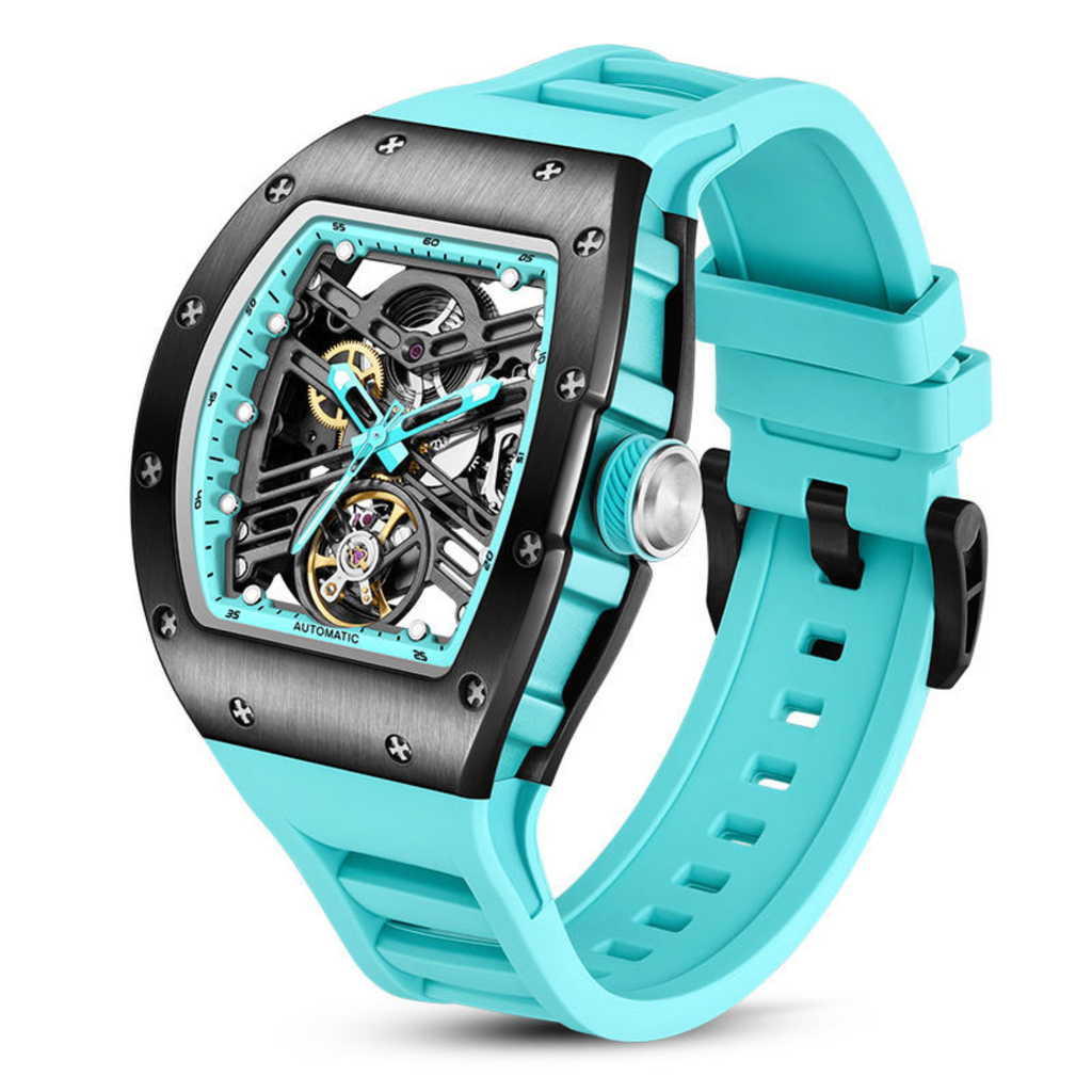 Tonneau Automatic Skeleton Watch for Men | Transparent Back Mechanical Wristwatch with Silicone Strap