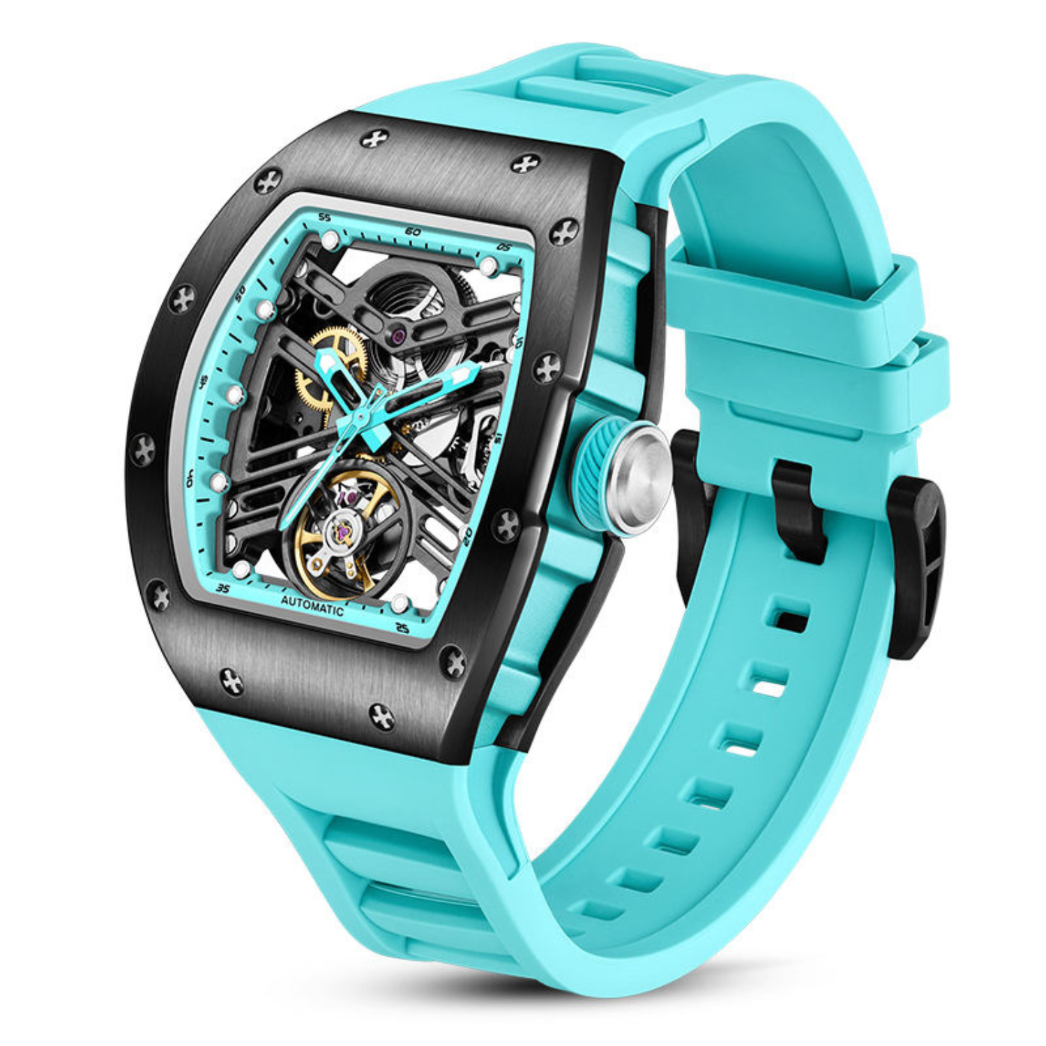 Tonneau Automatic Skeleton Watch for Men | Transparent Back Mechanical Wristwatch with Silicone Strap