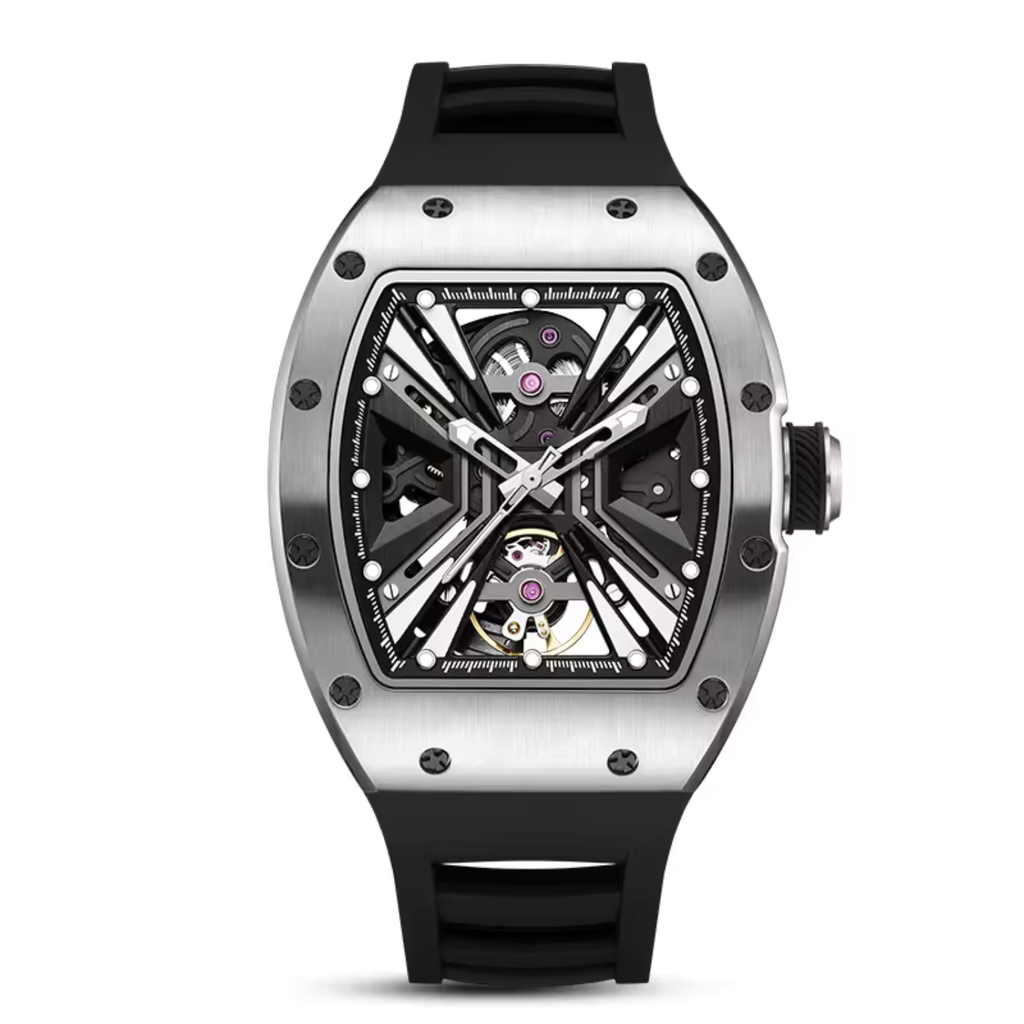 Tonneau Automatic Skeleton Watch for Men | Transparent Back Mechanical Wristwatch with Silicone Strap