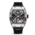 Tonneau Automatic Skeleton Watch for Men | Transparent Back Mechanical Wristwatch with Silicone Strap