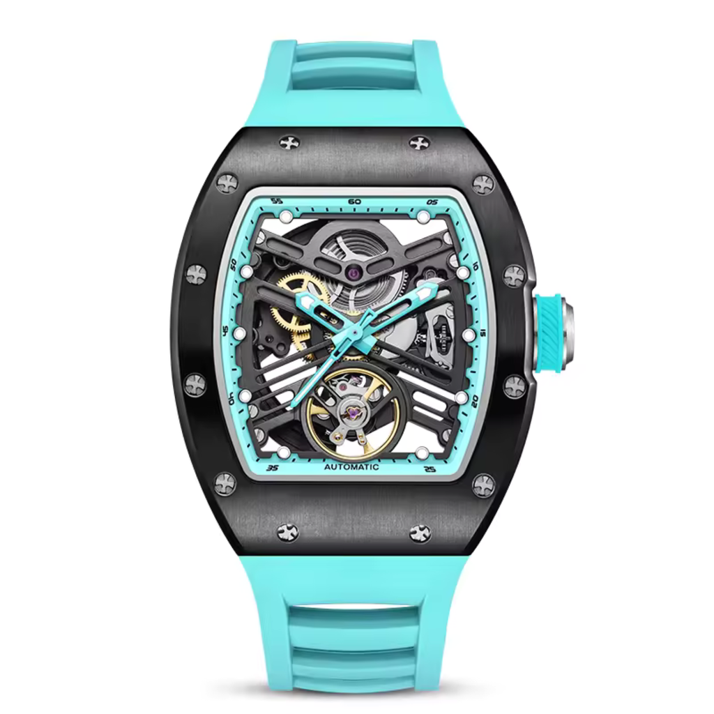 Tonneau Automatic Skeleton Watch for Men | Transparent Back Mechanical Wristwatch with Silicone Strap