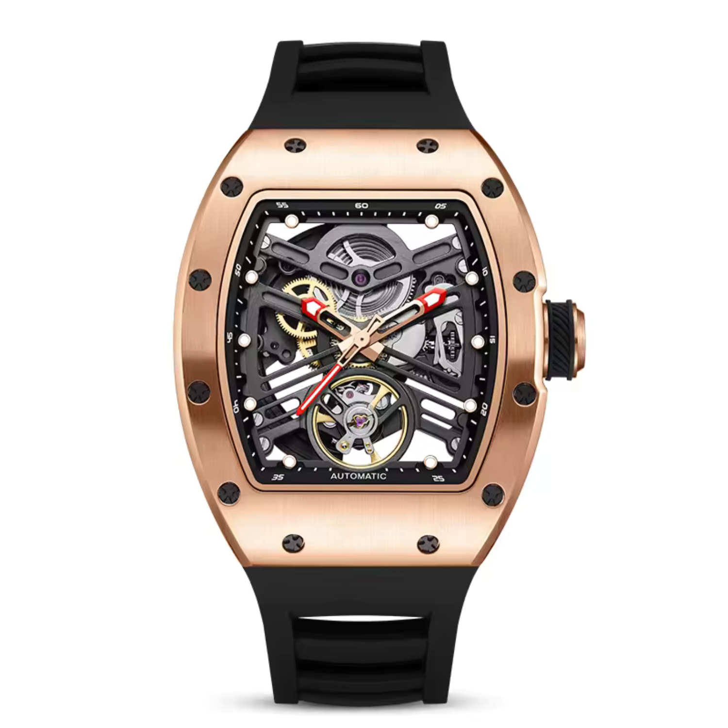 Tonneau Automatic Skeleton Watch for Men | Transparent Back Mechanical Wristwatch with Silicone Strap