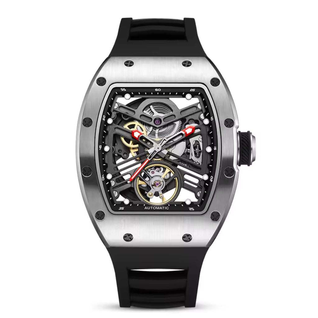 Tonneau Automatic Skeleton Watch for Men | Transparent Back Mechanical Wristwatch with Silicone Strap
