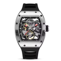 Tonneau Automatic Skeleton Watch for Men | Transparent Back Mechanical Wristwatch with Silicone Strap