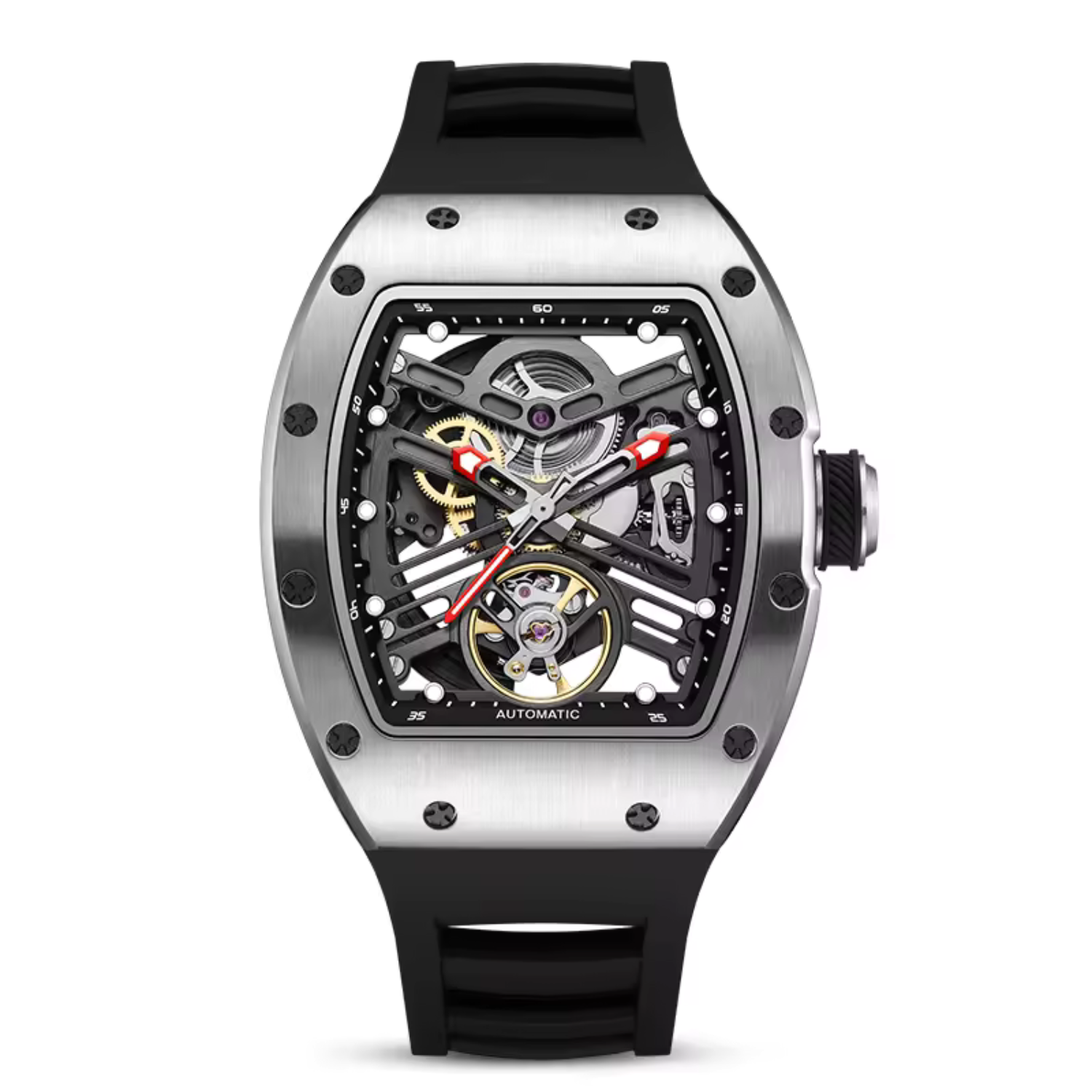 Tonneau Automatic Skeleton Watch for Men | Transparent Back Mechanical Wristwatch with Silicone Strap