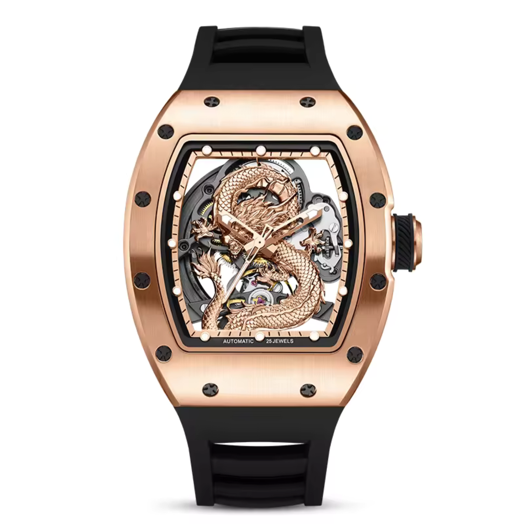 Mechanical Watch for Men | 3D Sculpted Dragon Premium Brushed Steel Tonneau Case, 25 Jewels Automatic Skeleton Movement