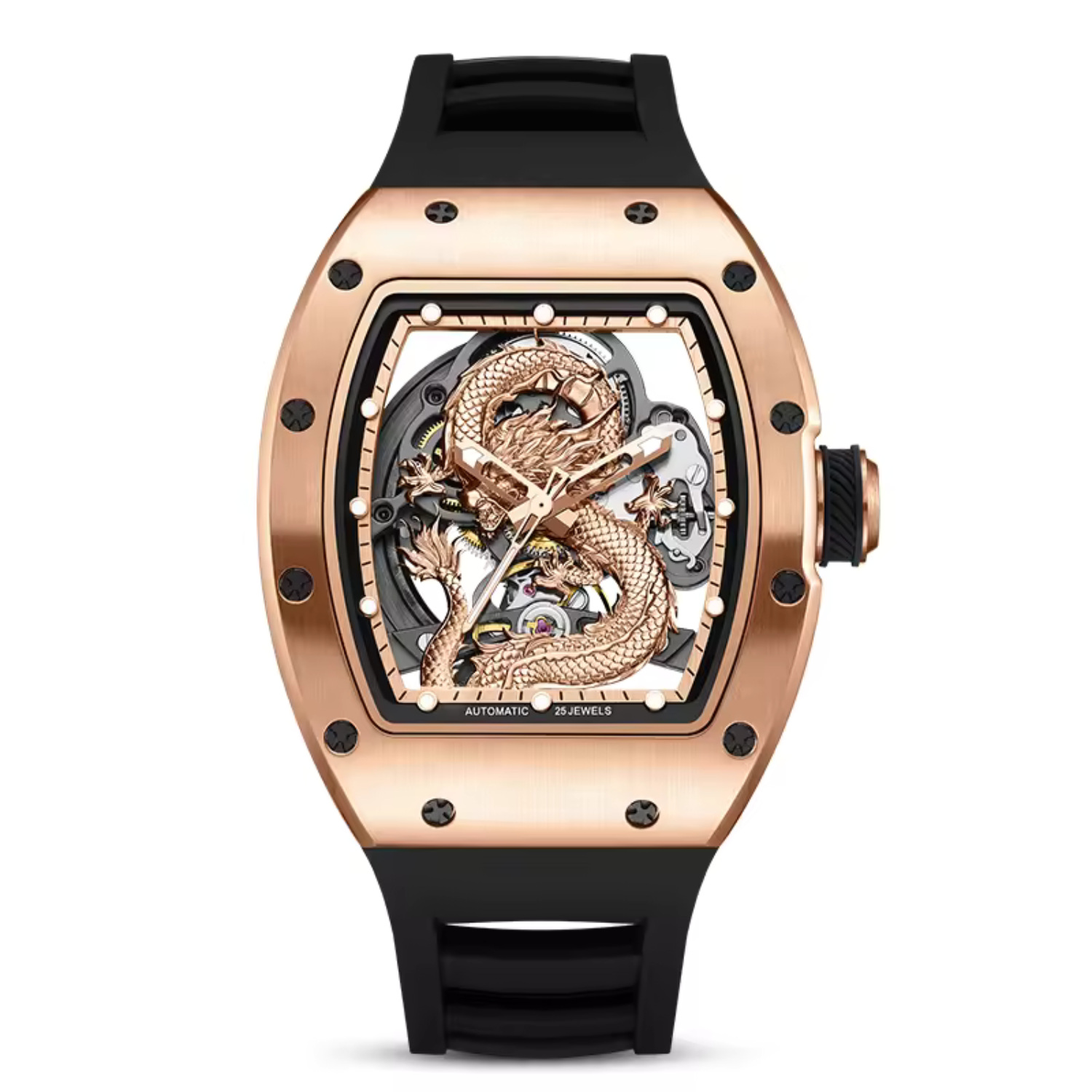Mechanical Watch for Men | 3D Sculpted Dragon Premium Brushed Steel Tonneau Case, 25 Jewels Automatic Skeleton Movement