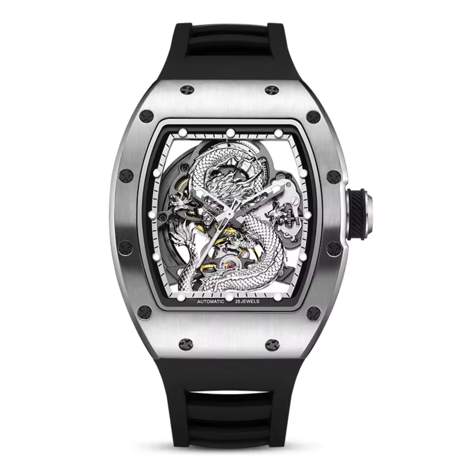 Mechanical Watch for Men | 3D Sculpted Dragon Premium Brushed Steel Tonneau Case, 25 Jewels Automatic Skeleton Movement