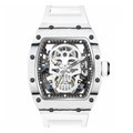 White Carbon Fiber Automatic Skeleton Watch for Men | Transparent Back Mechanical Wristwatch with Silicone Strap