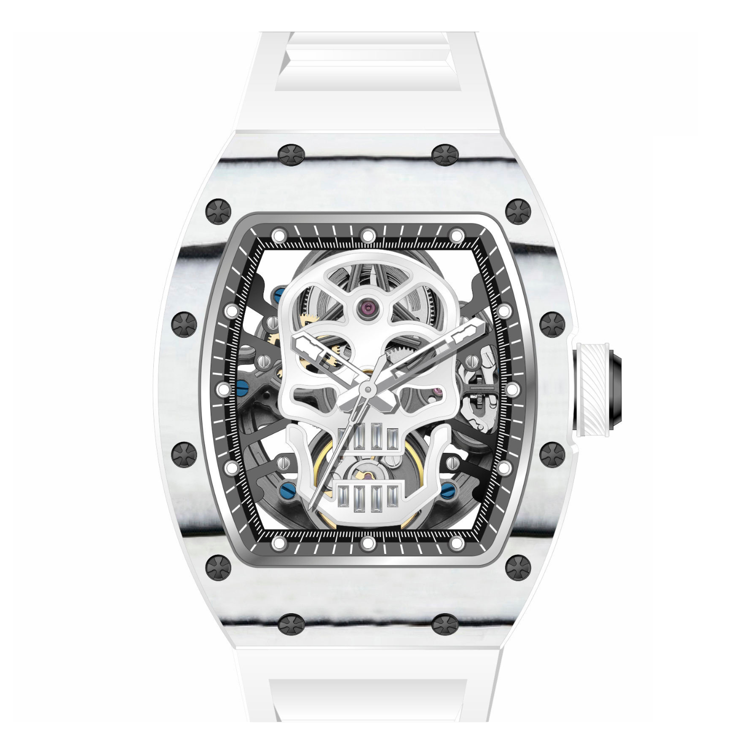 White Carbon Fiber Automatic Skeleton Watch for Men | Transparent Back Mechanical Wristwatch with Silicone Strap