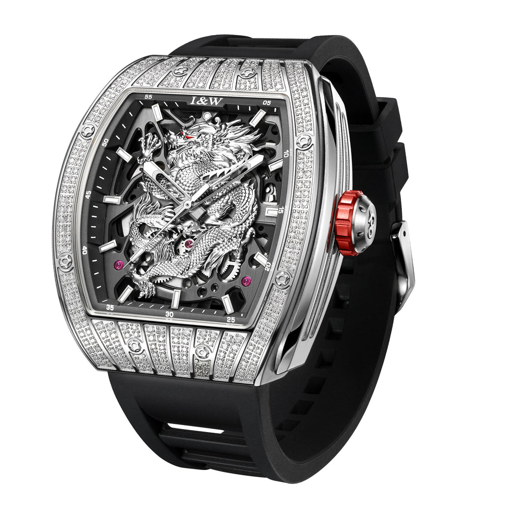 I&W Carnival Men's Automatic Tonneau Watch - Luxury Diamond Bezel with Miyota Movement Dragon Series