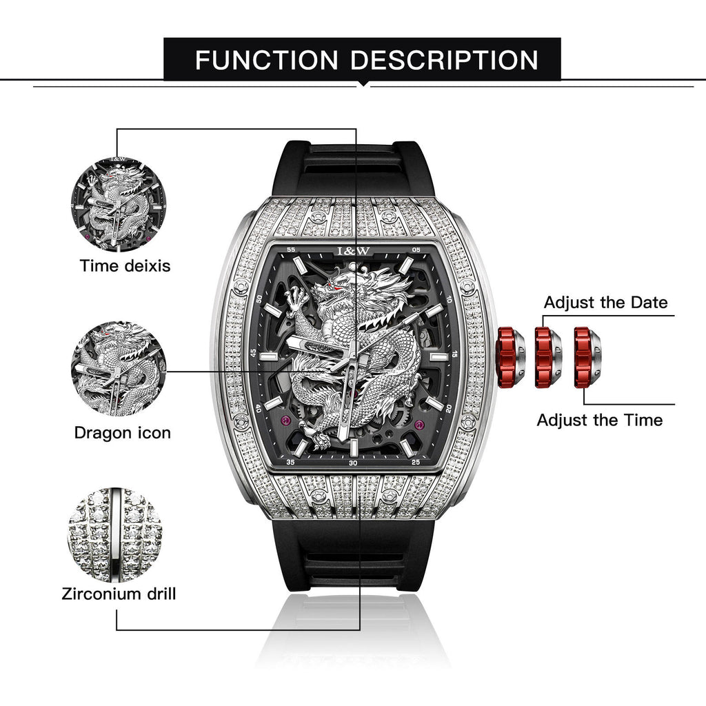 I&W Carnival Men's Automatic Tonneau Watch - Luxury Diamond Bezel with Miyota Movement Dragon Series