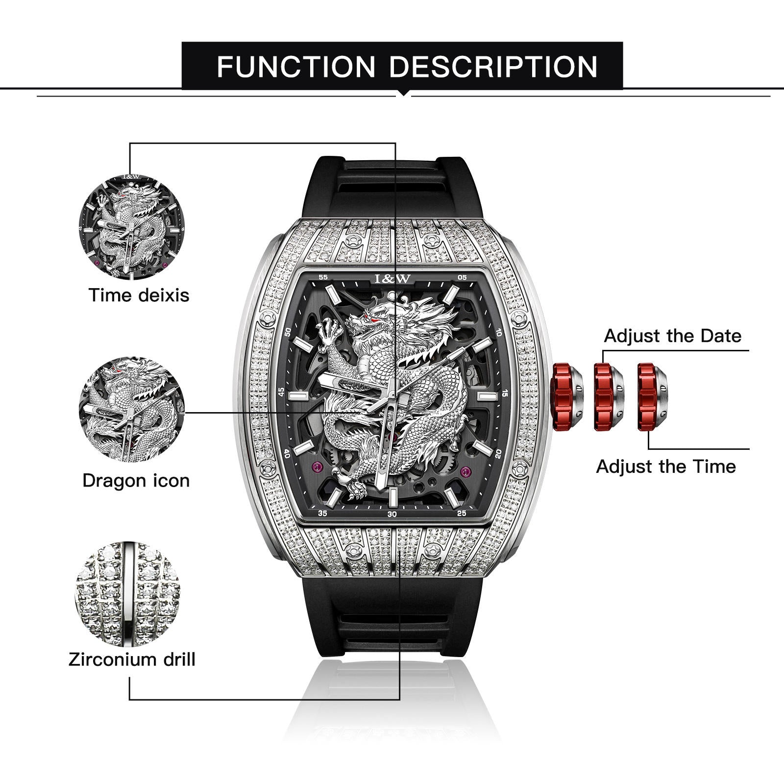 I&W Carnival Men's Automatic Tonneau Watch - Luxury Diamond Bezel with Miyota Movement Dragon Series