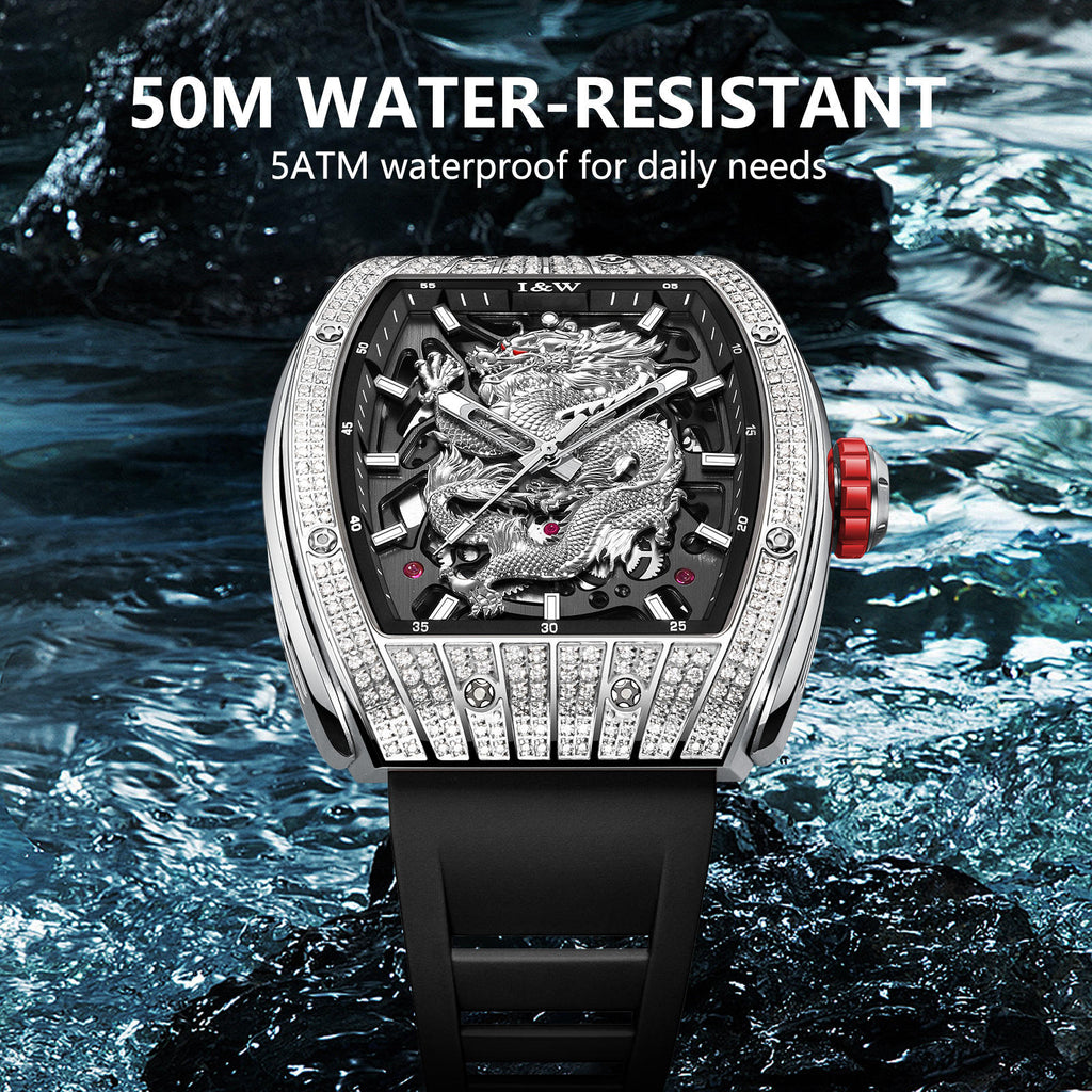 I&W Carnival Men's Automatic Tonneau Watch - Luxury Diamond Bezel with Miyota Movement Dragon Series
