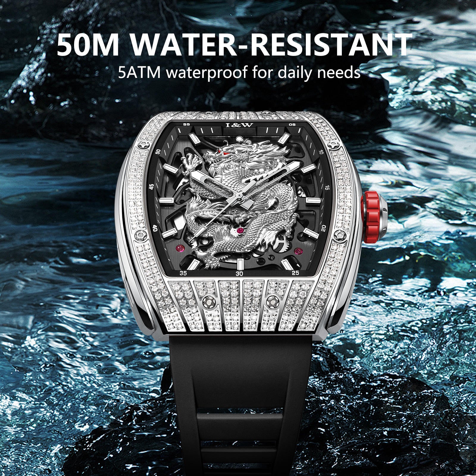 I&W Carnival Men's Automatic Tonneau Watch - Luxury Diamond Bezel with Miyota Movement Dragon Series