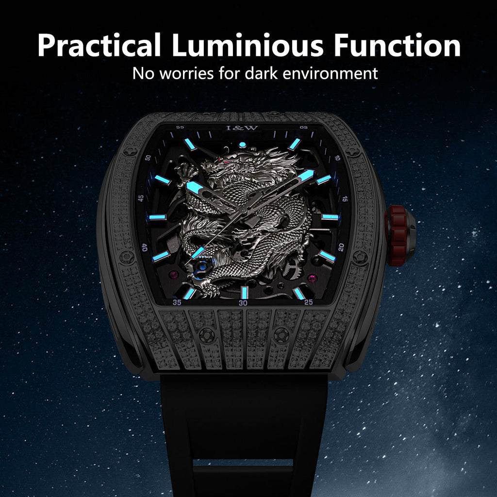 I&W Carnival Men's Automatic Tonneau Watch - Luxury Diamond Bezel with Miyota Movement Dragon Series