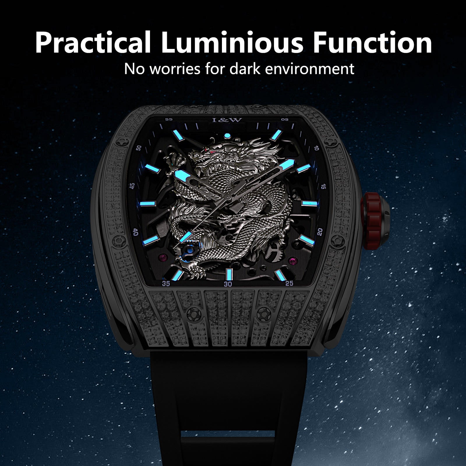 I&W Carnival Men's Automatic Tonneau Watch - Luxury Diamond Bezel with Miyota Movement Dragon Series