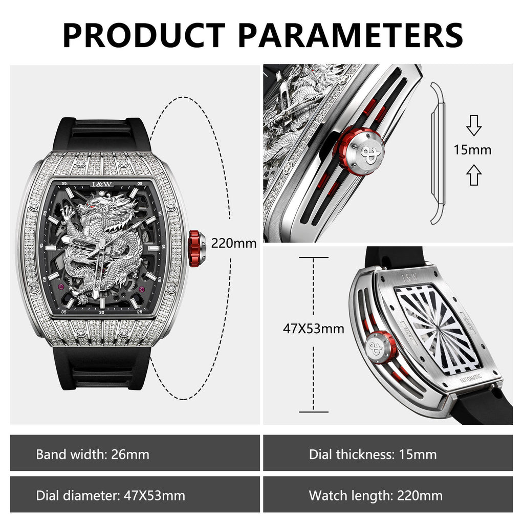 I&W Carnival Men's Automatic Tonneau Watch - Luxury Diamond Bezel with Miyota Movement Dragon Series