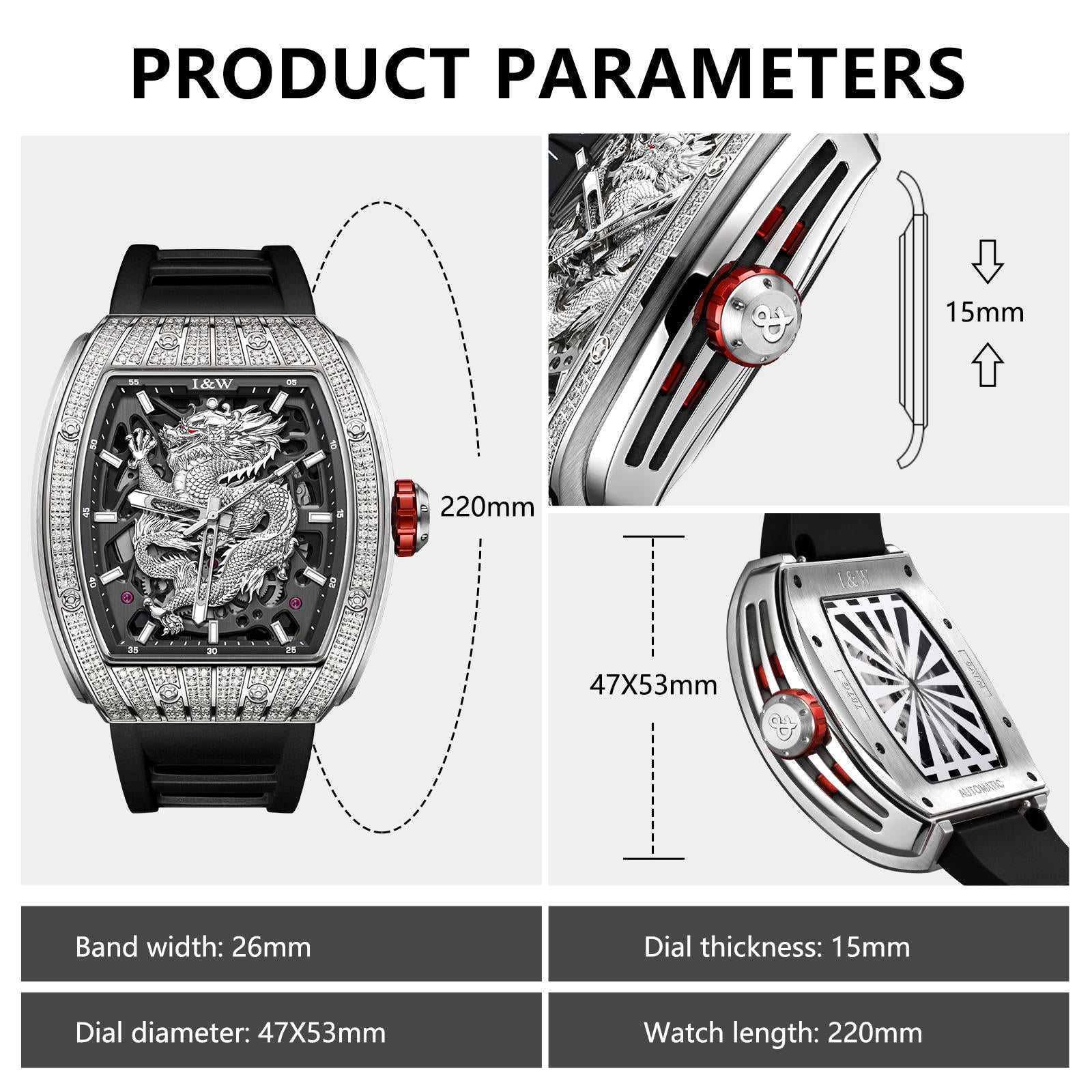 I&W Carnival Men's Automatic Tonneau Watch - Luxury Diamond Bezel with Miyota Movement Dragon Series