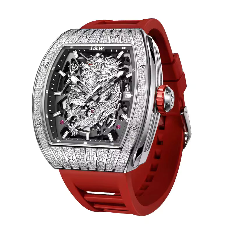 I&W Carnival Men's Automatic Tonneau Watch - Luxury Diamond Bezel with Miyota Movement Dragon Series