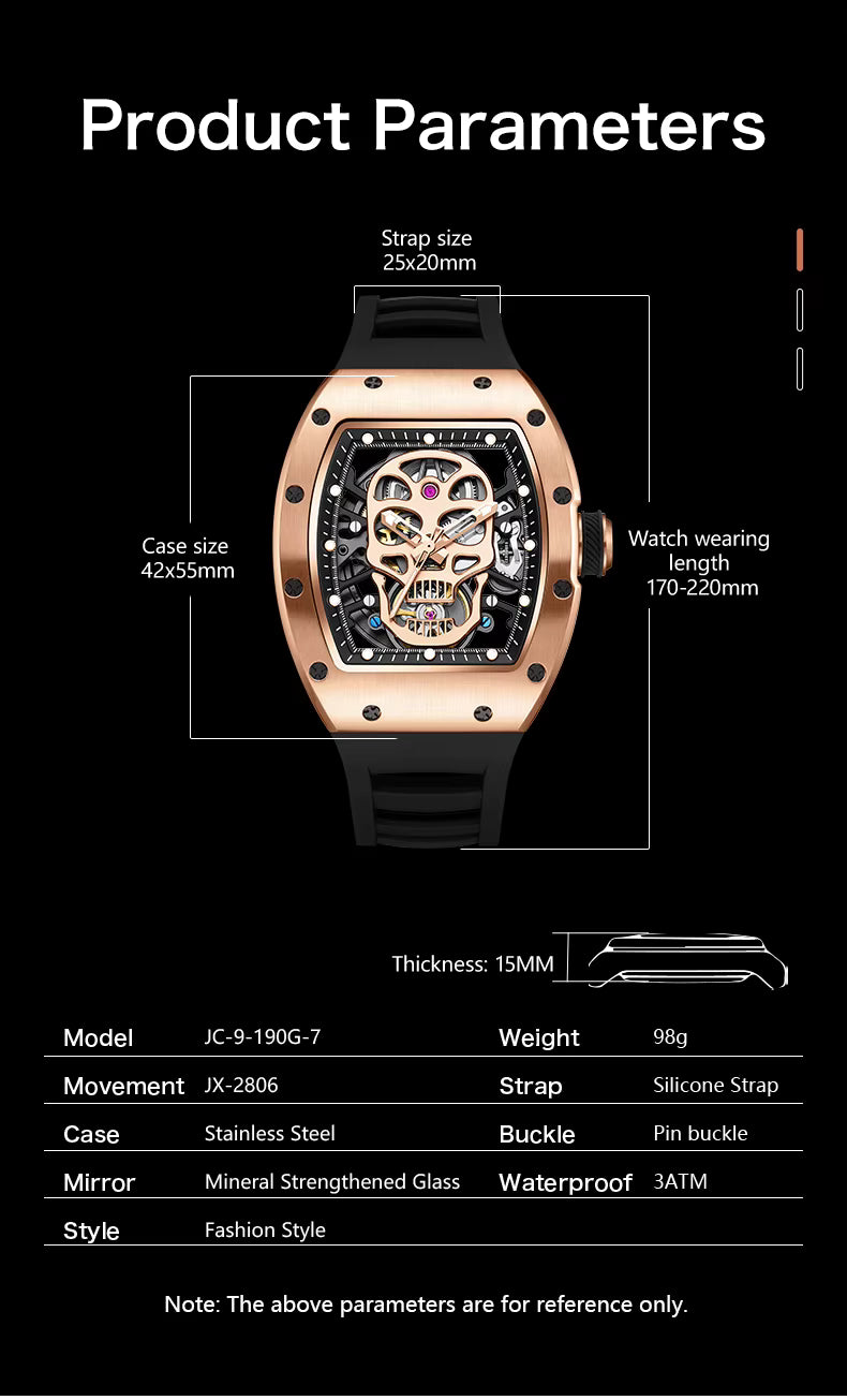 Tonneau Automatic Skeleton Watch for Men | Transparent Back Mechanical Wristwatch with Silicone Strap