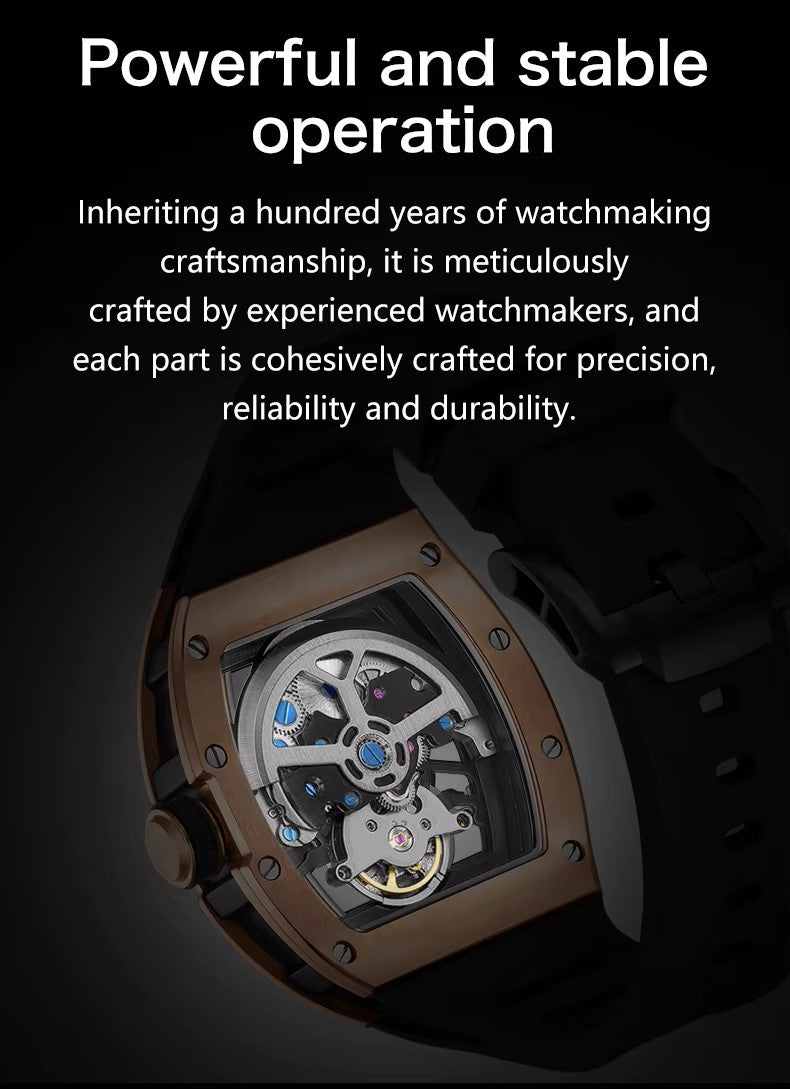 Tonneau Automatic Skeleton Watch for Men | Transparent Back Mechanical Wristwatch with Silicone Strap