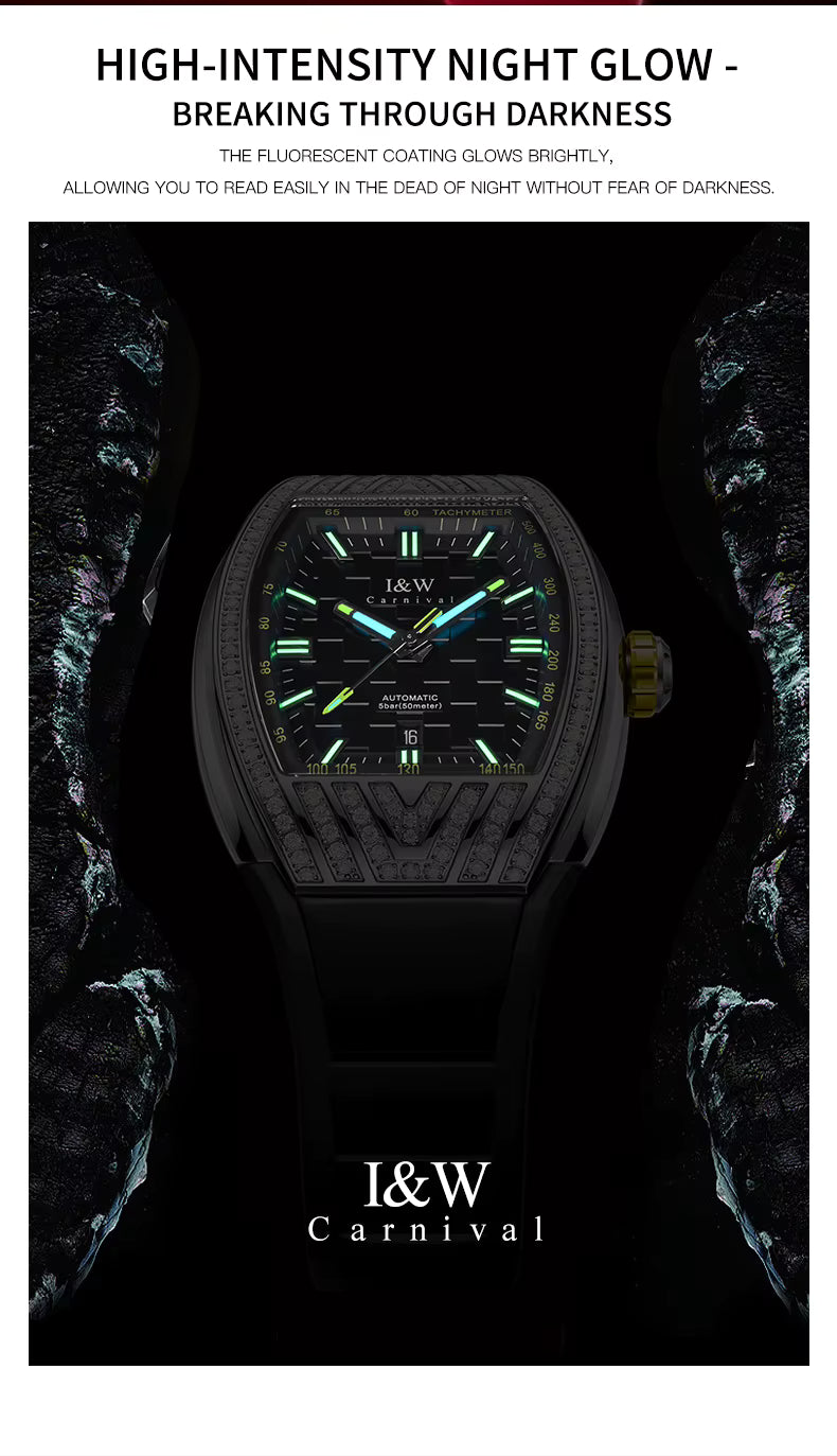 I&W Carnival Men's Automatic Tonneau Watch - Luxury Diamond Bezel with Miyota Movement