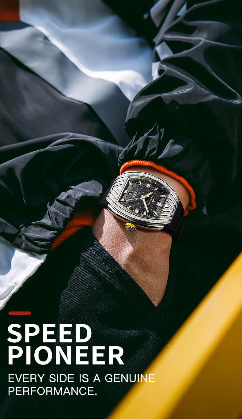 I&W Carnival Men's Automatic Tonneau Watch - Luxury Diamond Bezel with Miyota Movement
