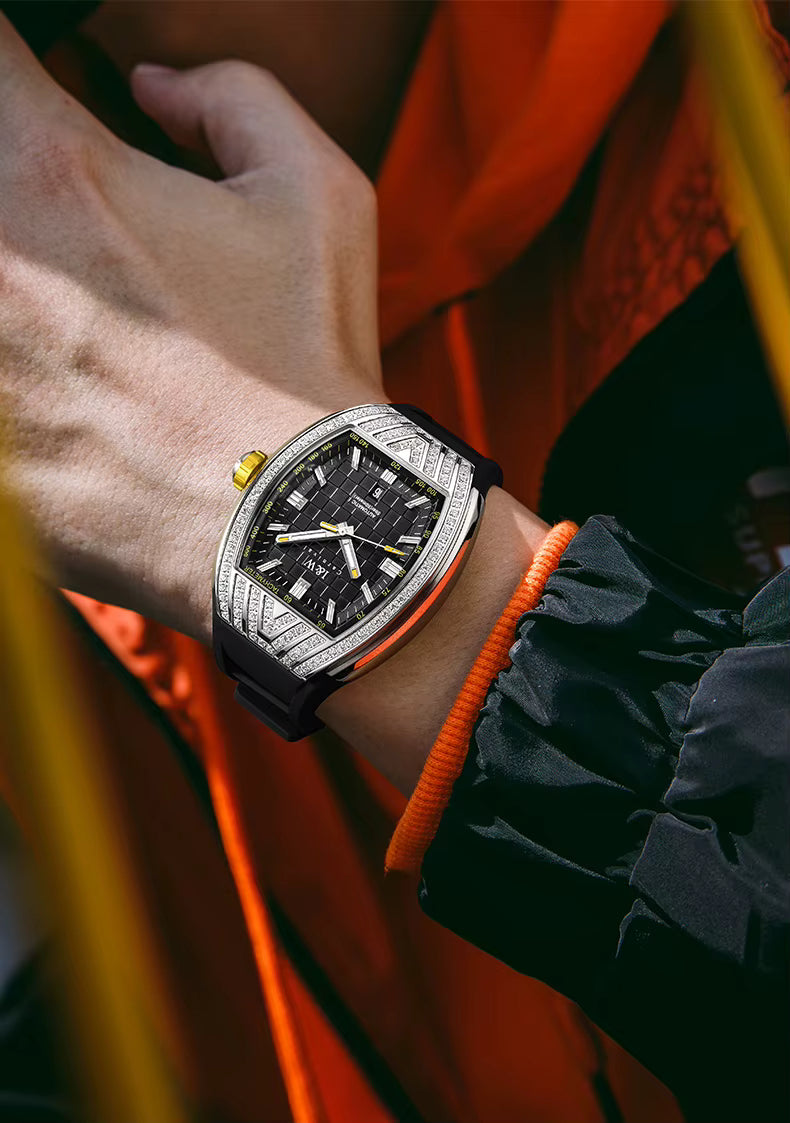 I&W Carnival Men's Automatic Tonneau Watch - Luxury Diamond Bezel with Miyota Movement