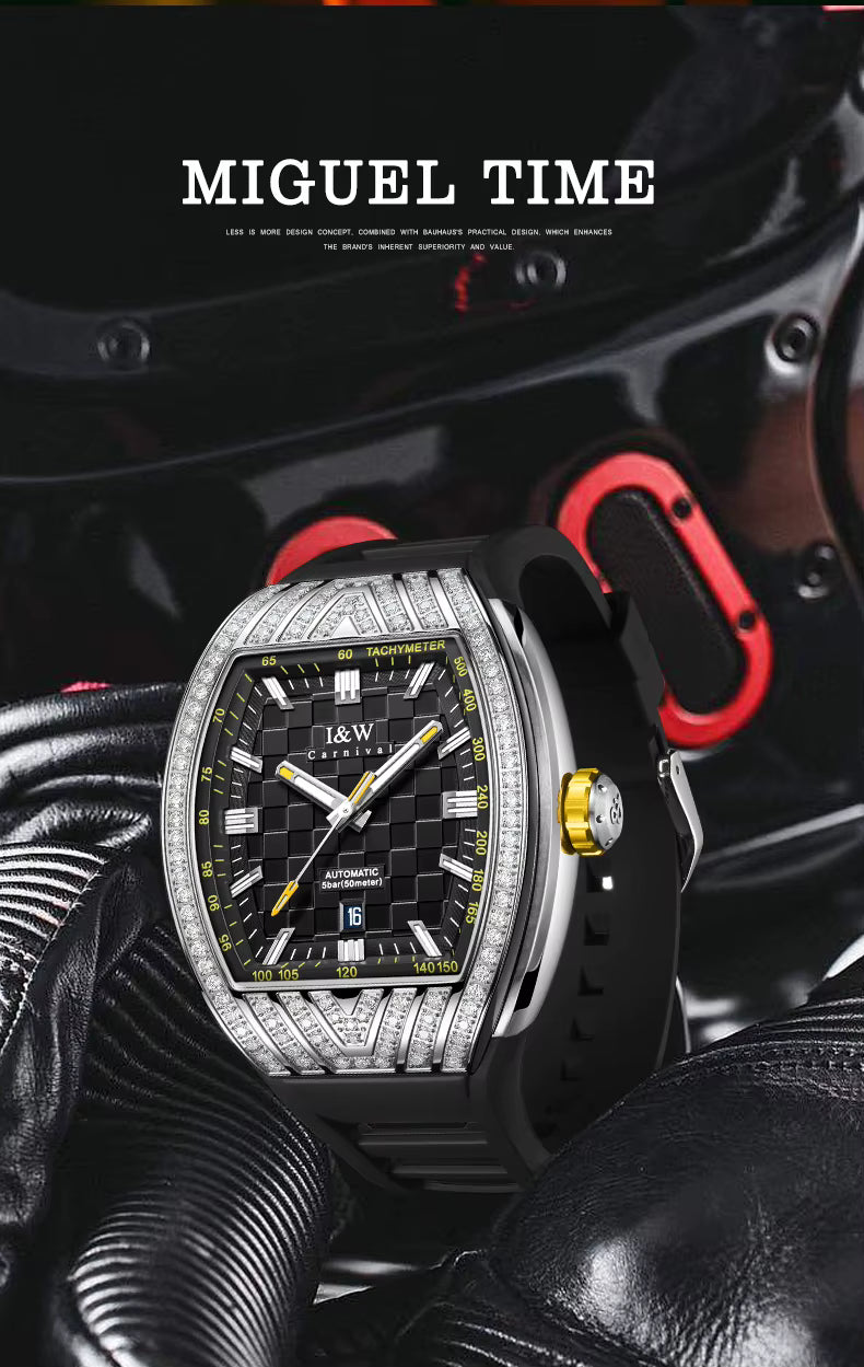 I&W Carnival Men's Automatic Tonneau Watch - Luxury Diamond Bezel with Miyota Movement