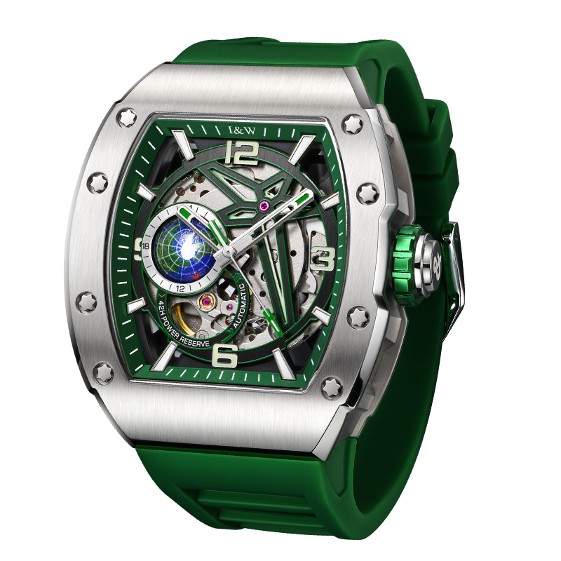 I&W Carnival Men's Automatic Tonneau Sport Watch - Racing Green Skeleton Dial with Miyota Movement