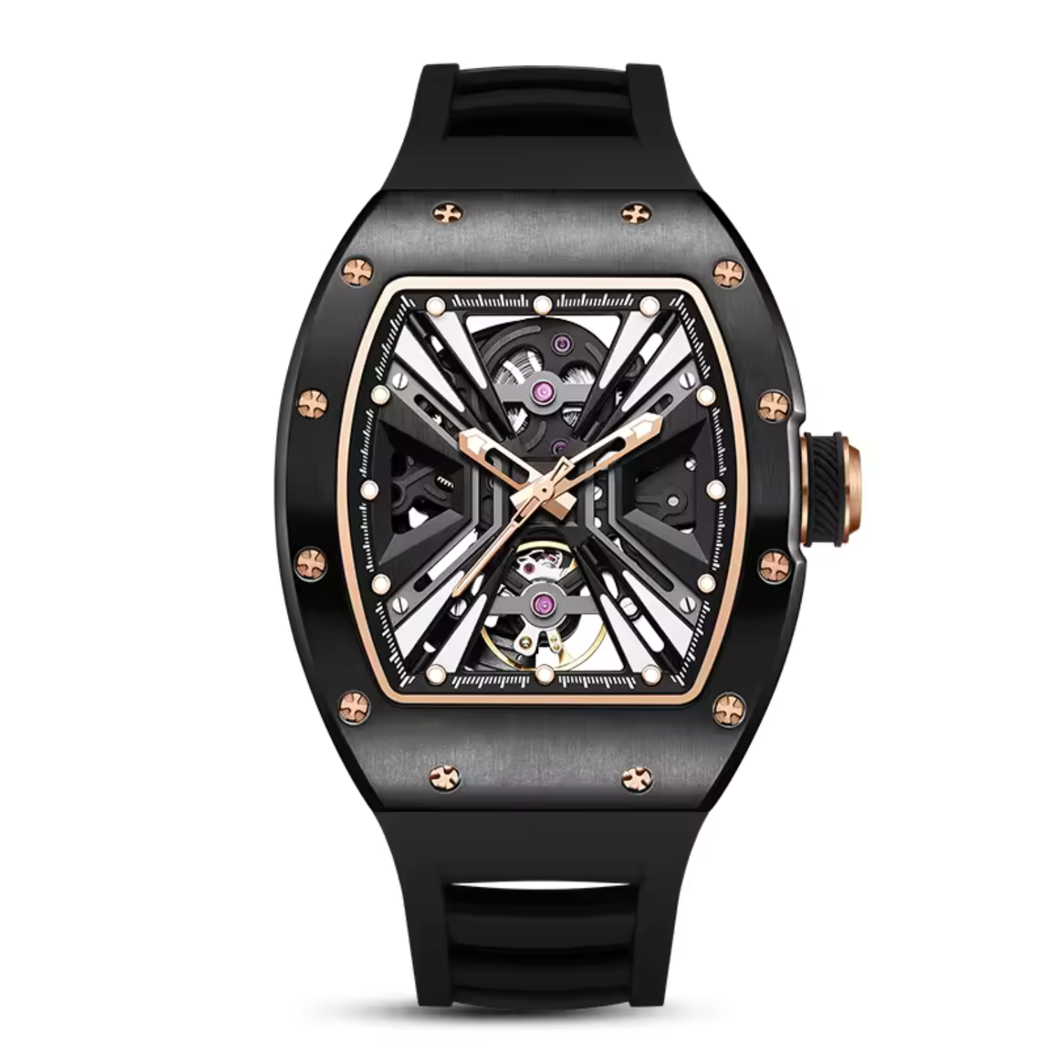 Tonneau Automatic Skeleton Watch for Men | Transparent Back Mechanical Wristwatch with Silicone Strap