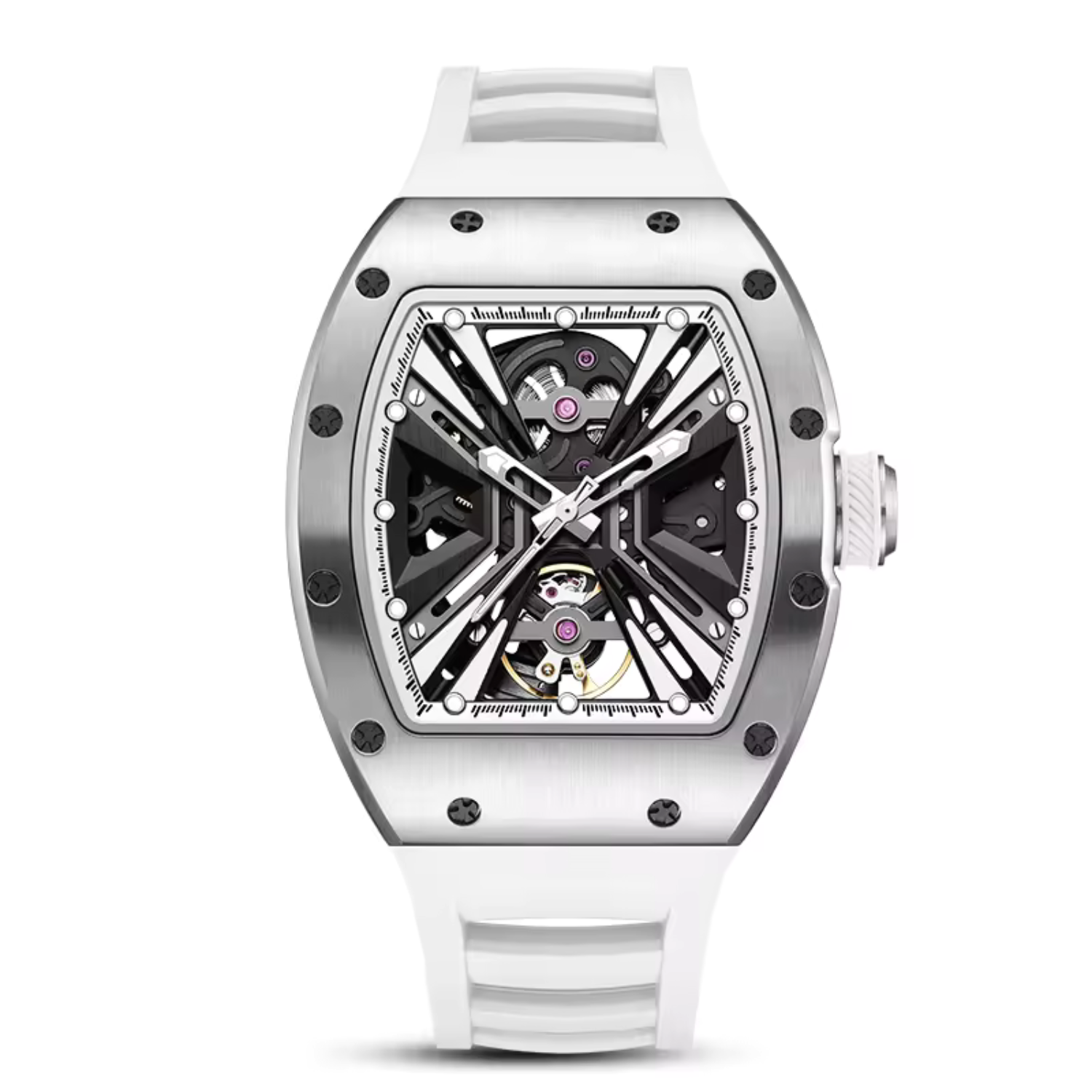Tonneau Automatic Skeleton Watch for Men | Transparent Back Mechanical Wristwatch with Silicone Strap
