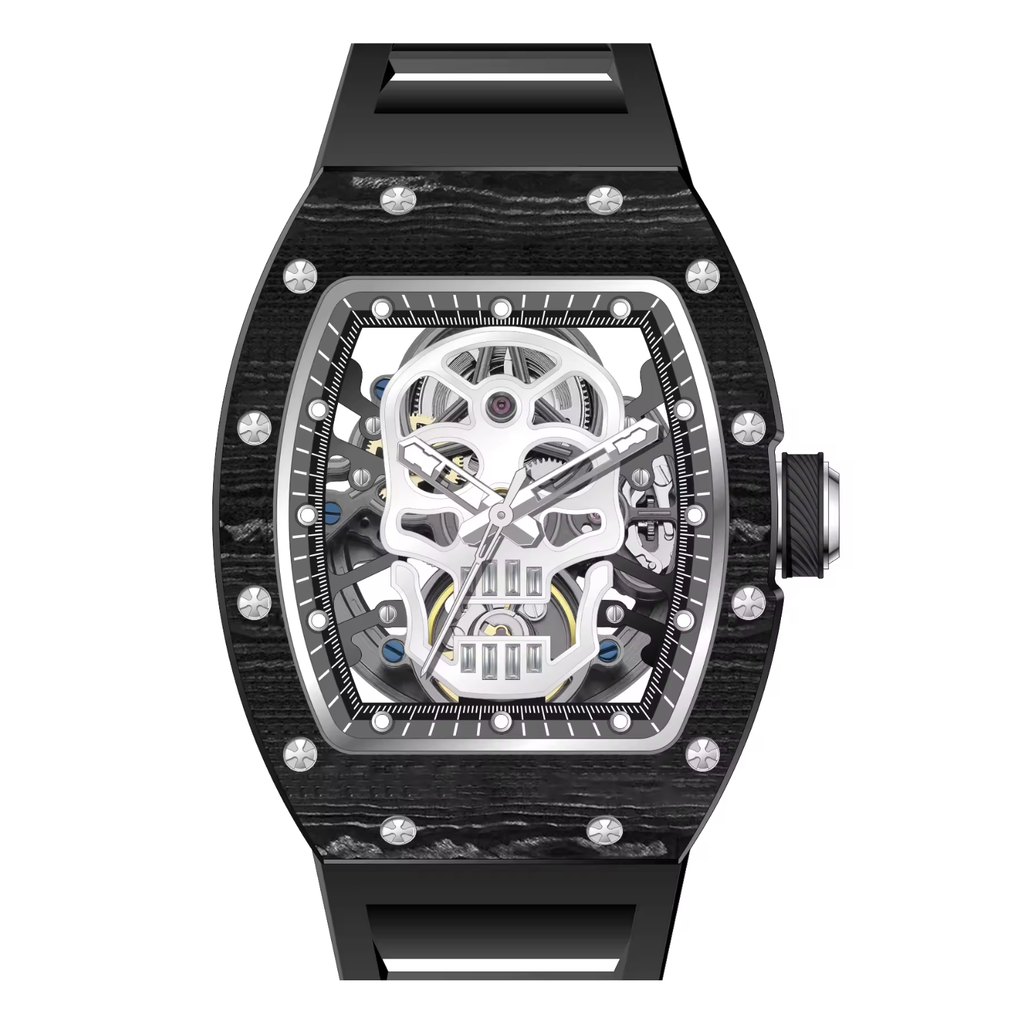 Black Carbon Fiber Automatic Skeleton Watch for Men | Transparent Back Mechanical Wristwatch with Silicone Strap