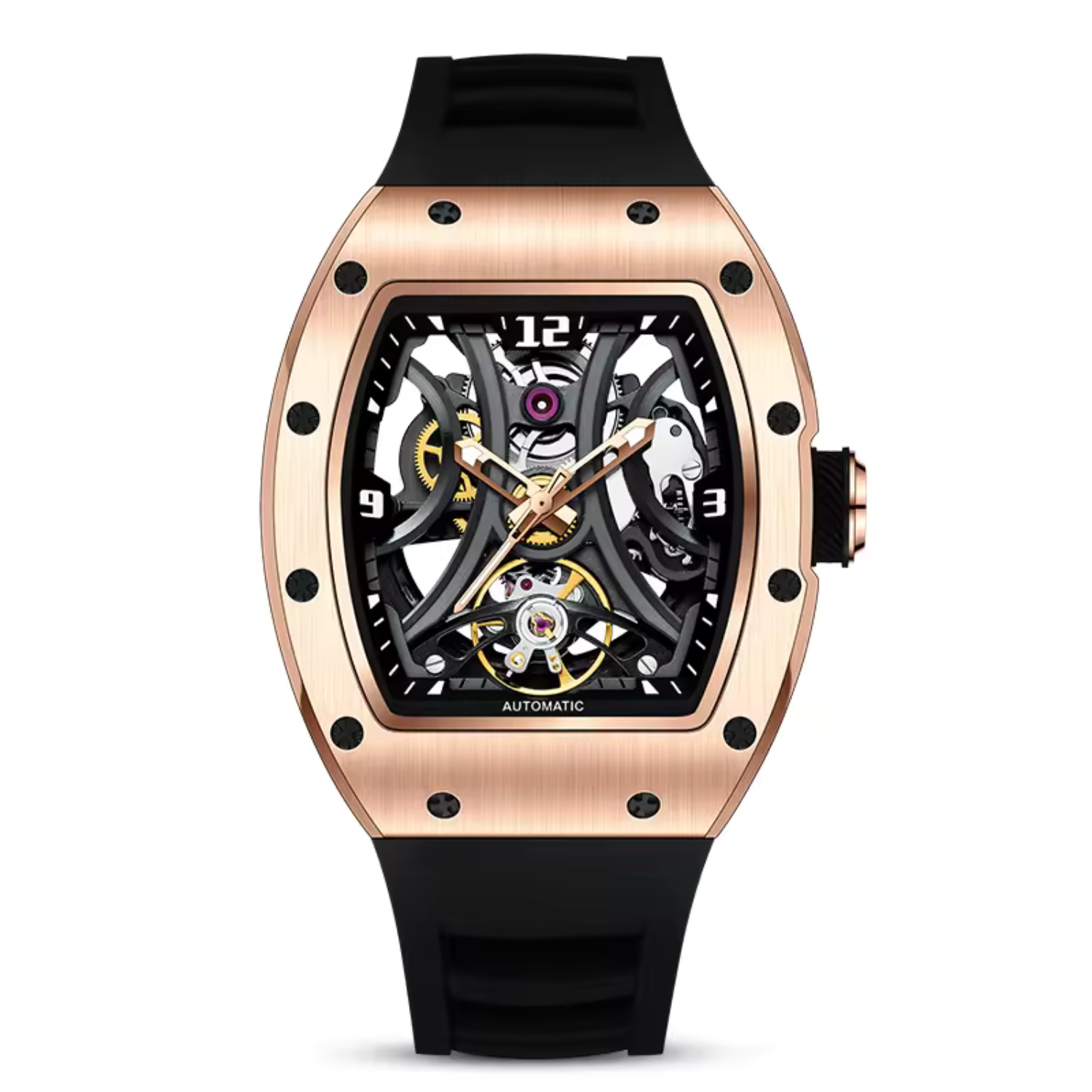 Tonneau Automatic Skeleton Watch for Men | Transparent Back Mechanical Wristwatch with Silicone Strap