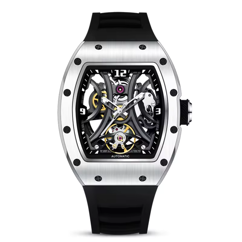 Tonneau Automatic Skeleton Watch for Men | Transparent Back Mechanical Wristwatch with Silicone Strap