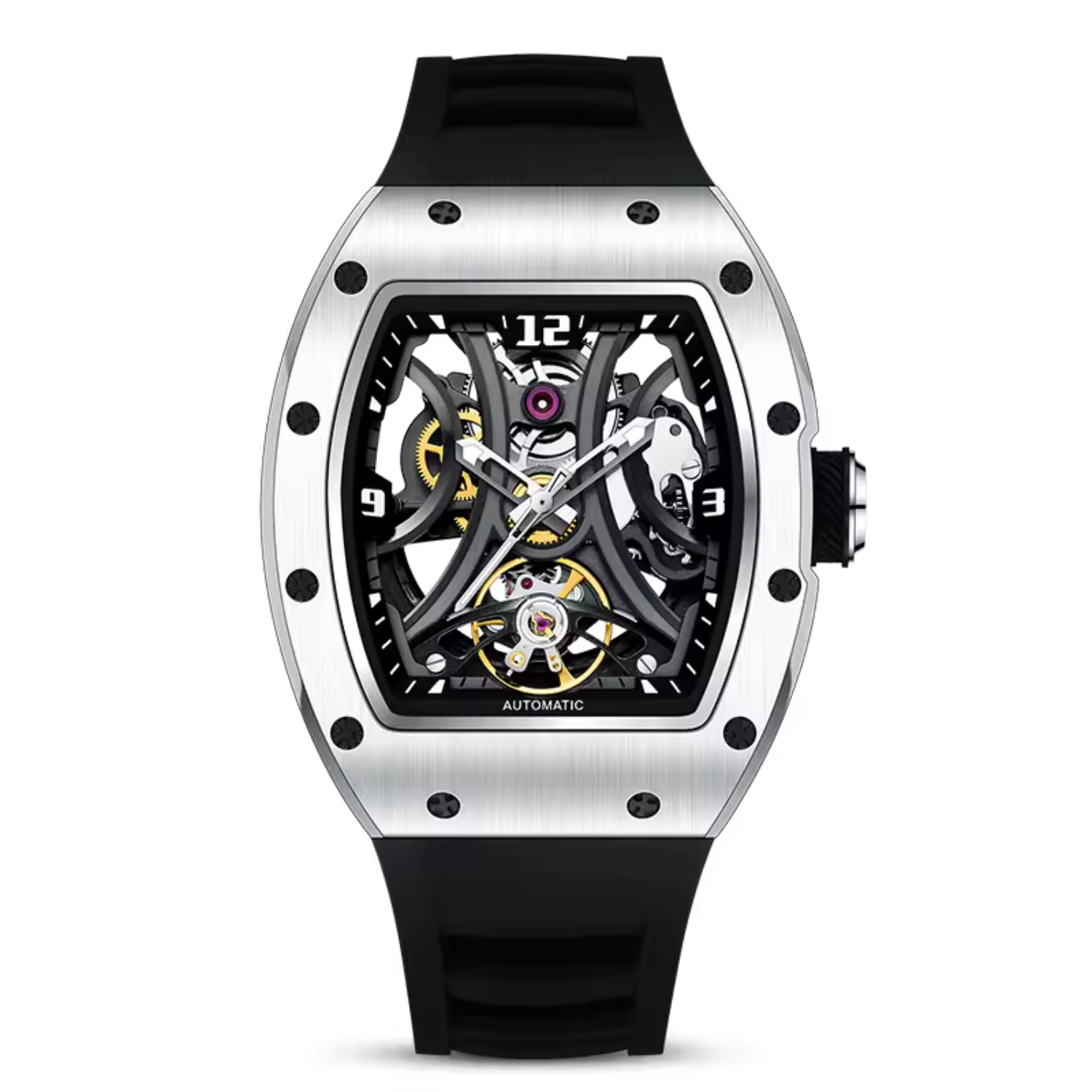 Tonneau Automatic Skeleton Watch for Men | Transparent Back Mechanical Wristwatch with Silicone Strap