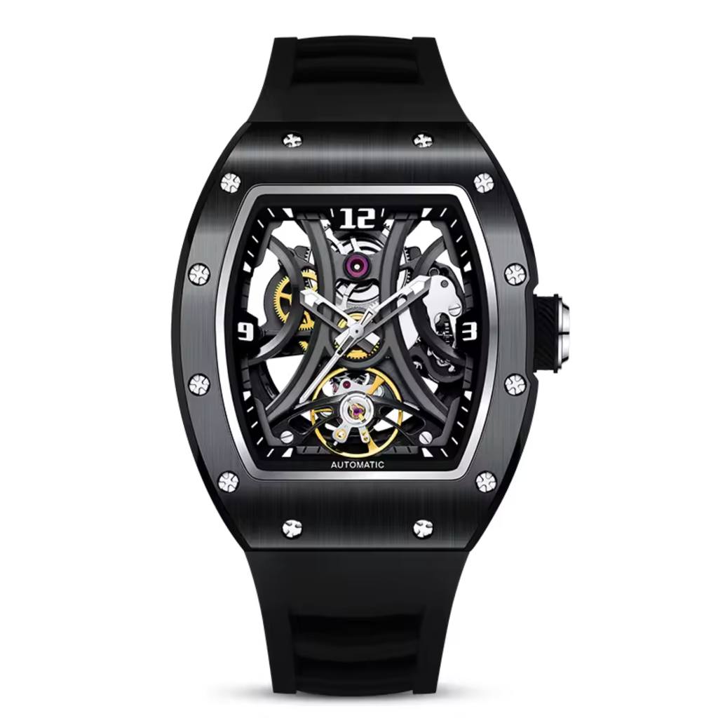 Tonneau Automatic Skeleton Watch for Men | Transparent Back Mechanical Wristwatch with Silicone Strap