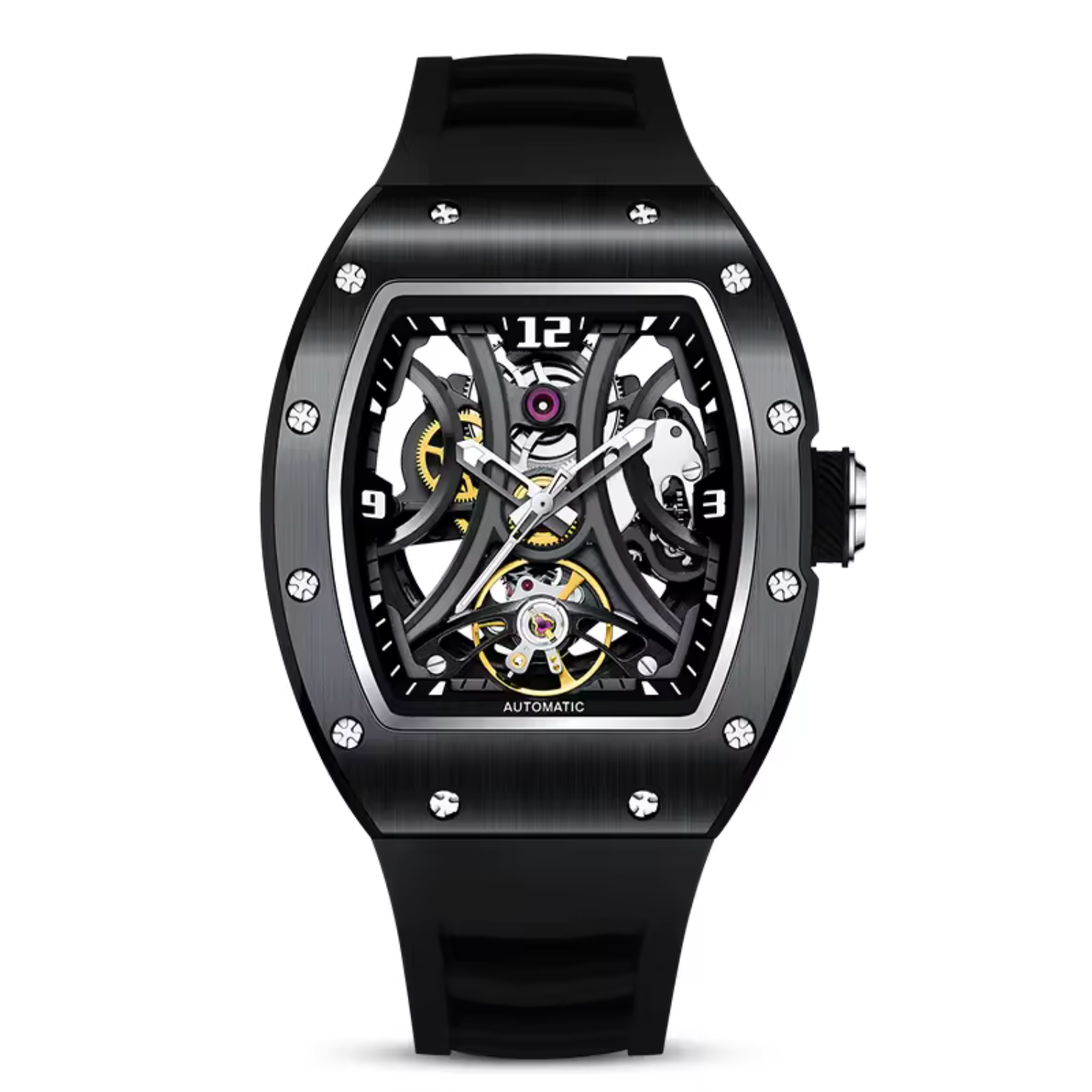 Tonneau Automatic Skeleton Watch for Men | Transparent Back Mechanical Wristwatch with Silicone Strap