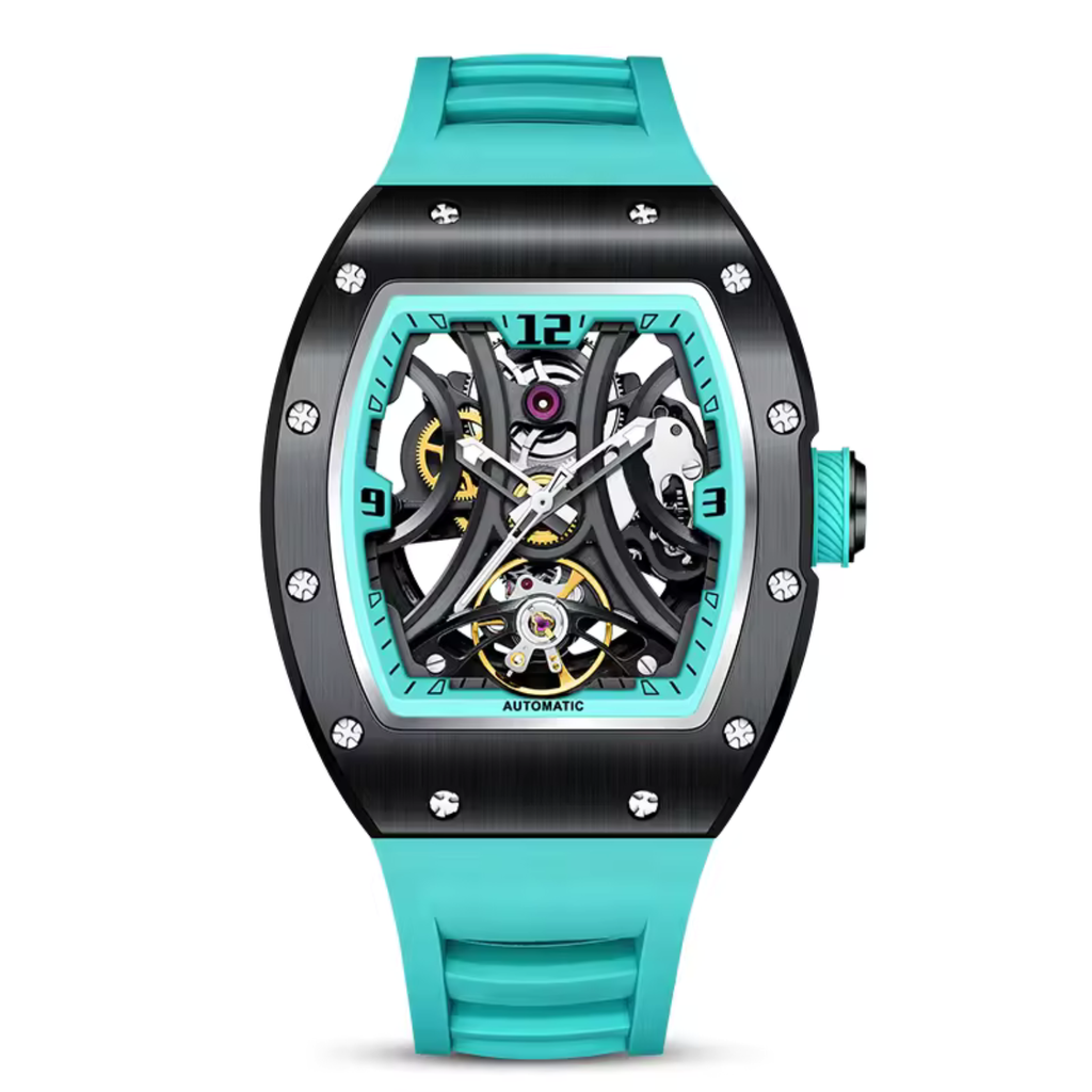 Tonneau Automatic Skeleton Watch for Men | Transparent Back Mechanical Wristwatch with Silicone Strap